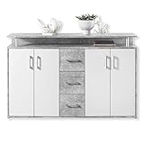 DRIFT Sideboard mit Ablage in Beton Optik, Weiß - Moderne Kommode mit Schubladen und viel Stauraum für Ihren Wohnbereich - 139 x 90 x 34 cm (B/H/T)