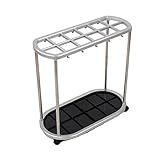 Regenschirmhalter für den Innenbereich, Gehstockhalter aus Edelstahl, Schirmständer, Flurablage im Home Office mit 4 Rädern, 10 Haken und einem unteren Regenwasserleckbehälter 56 * 28 * 55 cm Silber