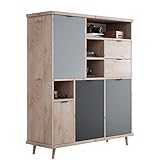 Newfurn Highboard Grau Eiche Hirnholz Kommode Modern Vintage - 120x141x40 cm (BxHxT) - Schrank Sideboard Anrichte - [Conni.Five] Wohnzimmer Schlafzimmer Flur Esszimmer