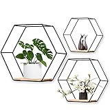 3er Set Metall Hexagon Wandregal, Europäische Hexagon geometrische Linie Design Wand Wand Regal mit Holzregalen, für Wohnung, Arbeitszimmer, Schlafzimmer, Wohnzimmer, Flur (schwarz)