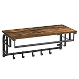 VASAGLE Wandgarderobe mit Ablage, Wandregal mit 5 abnehmbaren Haken, wandmontiertes Hängeregal mit Hängestange, für Flur, Schlafzimmer, Badezimmer und Wohnzimmer, vintagebraun-schwarz LCR12BX