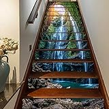 FLFK 3D Wasserfall im tiefen Wald Landschaft Selbstklebend treppenaufkleber Wandmalerei Vinyl Treppe Steigleitung Abziehbilder 39.3Zoll x7.08Zoll x 13stücke