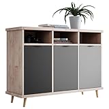 Newfurn Kommode Grau Eiche Hirnholz Sideboard Modern Vintage - 120x88x40 cm (BxHxT) - Highboard Anrichte - [Conni.Three] Wohnzimmer Schlafzimmer Flur Esszimmer