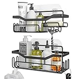 HapiRm Duschablage,Duschregal Ohne Bohren für Badezimmer und Küche,Duschkorb mit 11 Haken Seifenschale Rasiererhalter Shampoo Halterung für Dusche,Badezimmer Organizer SUS304, 4 Aufkleber ,Schwarz