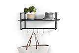 LIFA LIVING Schwarze Wandgarderobe aus Metall, Vintage Garderobenleiste für die Wand mit Ablage und 5 Haken, Garderobe, 28 x 70 x 29 cm