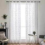 MIULEE Voile Vorhang Blumen Stickerei Vorhänge mit Ösen transparent Gardine 2 Stücke Ösenvorhang Gaze paarig schals Fensterschal für Wohnzimmer Schlafzimmer， 225 cm x 140 cm(H x B) 2er-Set