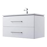 ZLATA Waschtisch MONTIERT | Waschbecken aus Keramik | Hochglanz Lackierung | Griffe aus Edelstahl & Soft-Close Funktion | Waschbecken mit Unterschrank | Montagefertig | 75 x 50 x 45 cm | Weiß Hochglanz