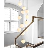 LED Pendelleuchte Treppenhaus Lang 12-Flammig aus Glas Kugel Hängeleuchte Esstisch G9 Weiss Pendellampe Höheverstellbar Kronleuchter Modern für Treppe Lampe Wohnzimmer Villa Küchen Flurlampe