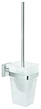 tesa EXXCLUSIV Toilettenbürsten-Set, verchromt, mit satiniertem Glas - zur Wandbefestigung ohne Bohren, inkl. leistungsstarker Klebelösung - 137 mm x 97 mm x 160 mm