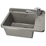 GOSPO Ausgussbecken aus Polypropylen, 50,4 x 34 x 26,5 cm, Spülbecken mit Armatur, Siphon und Montageset, Waschbecken, Waschtrog, Haushaltsspülbecken (Grau)