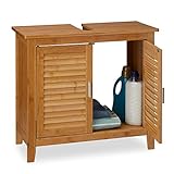 Relaxdays Waschbeckenunterschrank LAMELL, 2 Türen, Waschbecken & Waschtisch, Bambus & MDF, HBT: 60 x 67 x 30 cm, natur