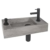 Differnz Jax Waschbecken klein - Handwaschbecken Beton Grau - Armaturen Matt Schwarz - Seifenspender - Wasserhahn rechts - Waschtisch - 42 x 18.5 x 9 cm