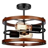 Semi Flush Mount Deckenleuchte Vintage Industrie Kronleuchter Braun Holzrahmen Schwarz Metall Retro Käfig Hängeleuchte mit 2 E27 Lampenfuß für Flur Restaurant Lagerhaus Scheune Wohnzimmer Küche