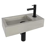 Differnz Jukon Waschbecken klein – Handwaschbecken Beton Grau – Armaturen Matt Schwarz - Wasserhahn rechts – Waschtisch - 38 x 18.5 x 9 cm