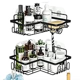 HapiRm Duschablage, Duschablage Ohne Bohren, Duschregal Ecke Schwarz Mit 11 Haken Seifenschale Und Rasiererhalter, Duschregal Edelstahl Fur Badezimmer Kuche, Duschkorb Mit 4 Klebstoff, 2 Stücke