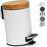 Kazai.® 3l Design Kosmetikeimer | Bambus-Holzdeckel mit Absenkautomatik | Treteimer mit Anti-Fingerabdruck und Komfort-Pedale | Weiß