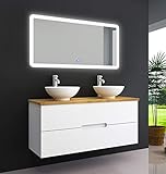 OIMEX TAMBUS 120 cm Bambus Echtholz Designer Badmöbel Set Waschtisch Unterschrank mit 2 Waschbecken mit Spiegel Hochglanz Weiß 2 Schubladen, Größe: Waschtisch mit Waschbecken, Armaturen, LED Spiegel