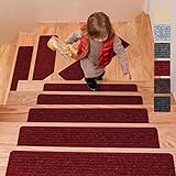 DanceWhale 15er Set Stufenmatten (76.2 x 20.3 cm) Treppenmatten Treppen rutschfest Selbstklebende Treppenteppich, Sicherheit Stufenteppich für Kinder, Älteste und Haustiere, Rot