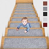 MBIGM 15er Set Stufenmatten 20 cm X 76 cm Treppenteppich Selbstklebend Sicherheit Stufenteppich für Kinder, Älteste und Haustiere, HellGrau