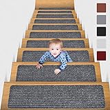 MBIGM 15er Set Stufenmatten 20 cm X 76 cm Treppenteppich Selbstklebend Sicherheit Stufenteppich für Kinder, Älteste und Haustiere, Grau